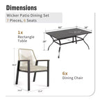 Captiva Designs 7pc Outdoor Dining Rectangular Slat-top Steel Table & Beige Rattan Fixed Chairs
