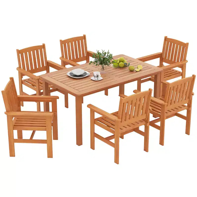 Costway Ensemble table de salle à manger de patio en bois 7 pièces avec 2 trous pour parasol Ensemble de mobilier d'extérieur