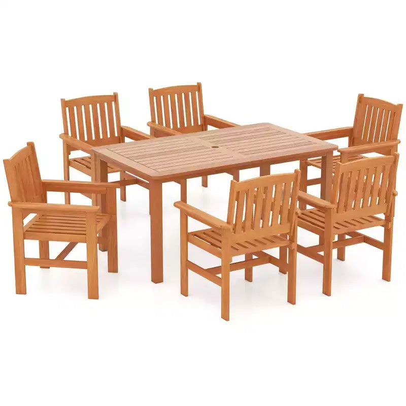 Costway Ensemble table de salle à manger de patio en bois 7 pièces avec 2 trous pour parasol Ensemble de mobilier d'extérieur