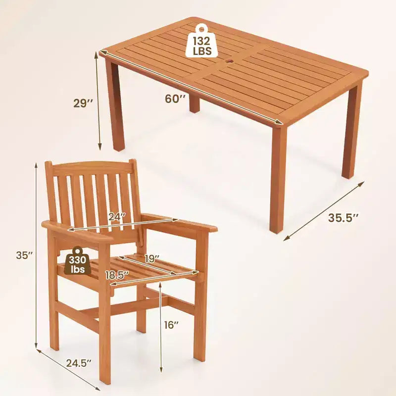 Costway Ensemble table de salle à manger de patio en bois 7 pièces avec 2 trous pour parasol Ensemble de mobilier d'extérieur