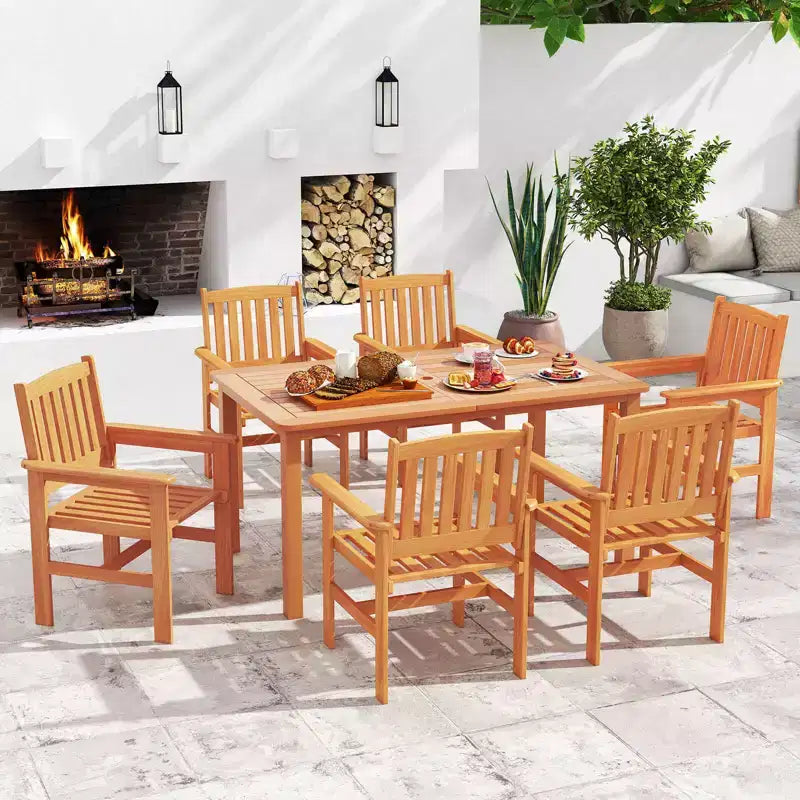Costway Ensemble table de salle à manger de patio en bois 7 pièces avec 2 trous pour parasol Ensemble de mobilier d'extérieur