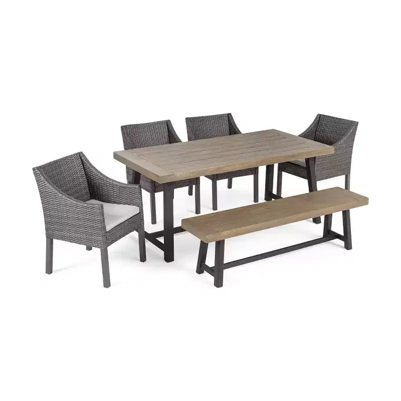 Christopher Knight Home Calero – Ensemble de salle à manger d'extérieur 6 pièces en bois d'acacia et osier avec banc