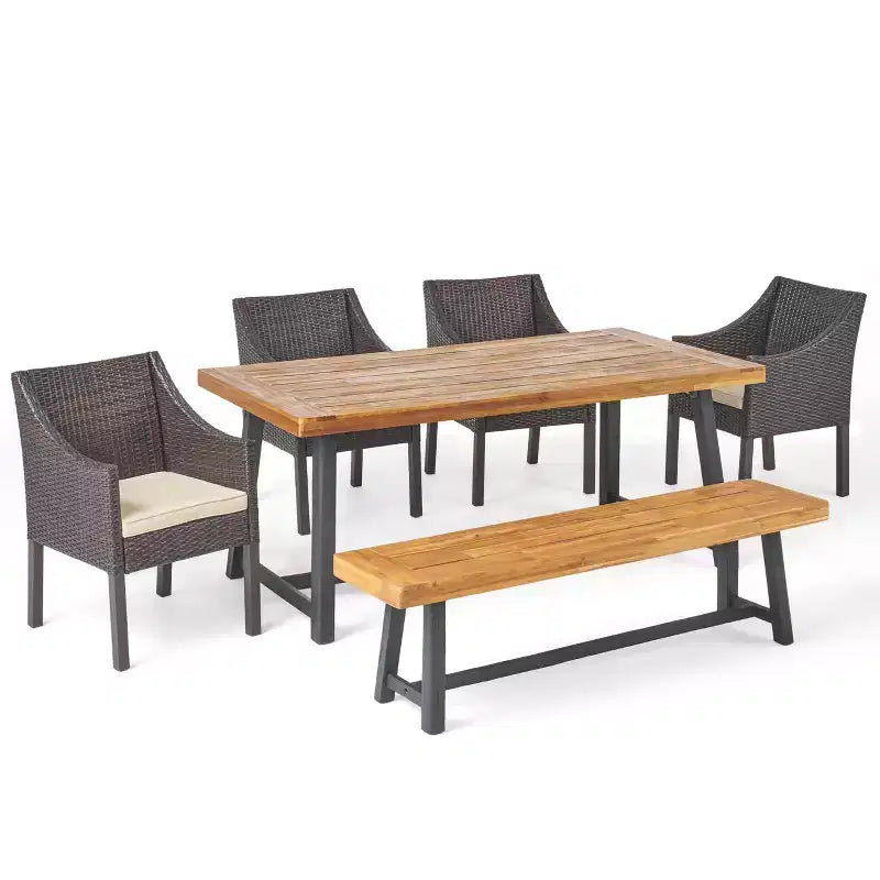 Christopher Knight Home Calero – Ensemble de salle à manger d'extérieur 6 pièces en bois d'acacia et osier avec banc