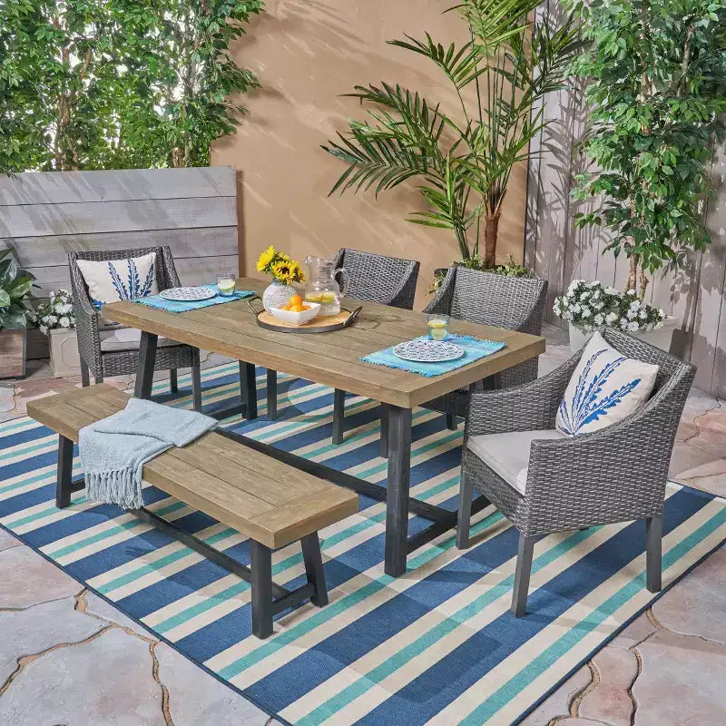 Christopher Knight Home Calero – Ensemble de salle à manger d'extérieur 6 pièces en bois d'acacia et osier avec banc