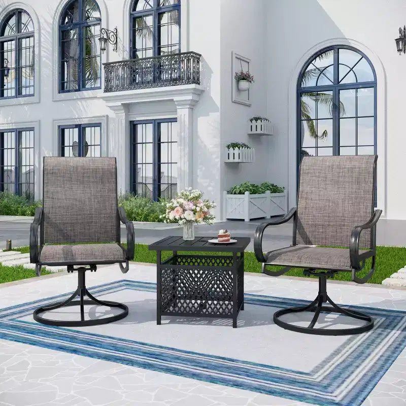 Captiva Designs - Ensemble de 3 pièces : Table bistro carrée et chaises pivotantes en textilène gris-brun pour patio