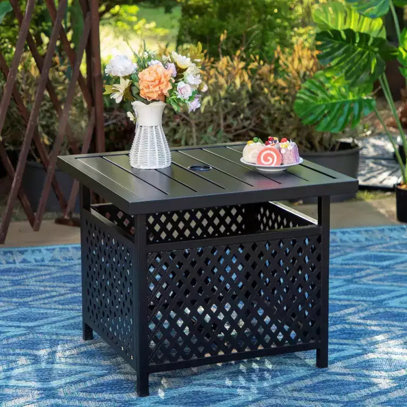 Captiva Designs 3pc Outdoor Patio Dining Steel Table & Gray Wood-look Arm Textilene Sling Chairs