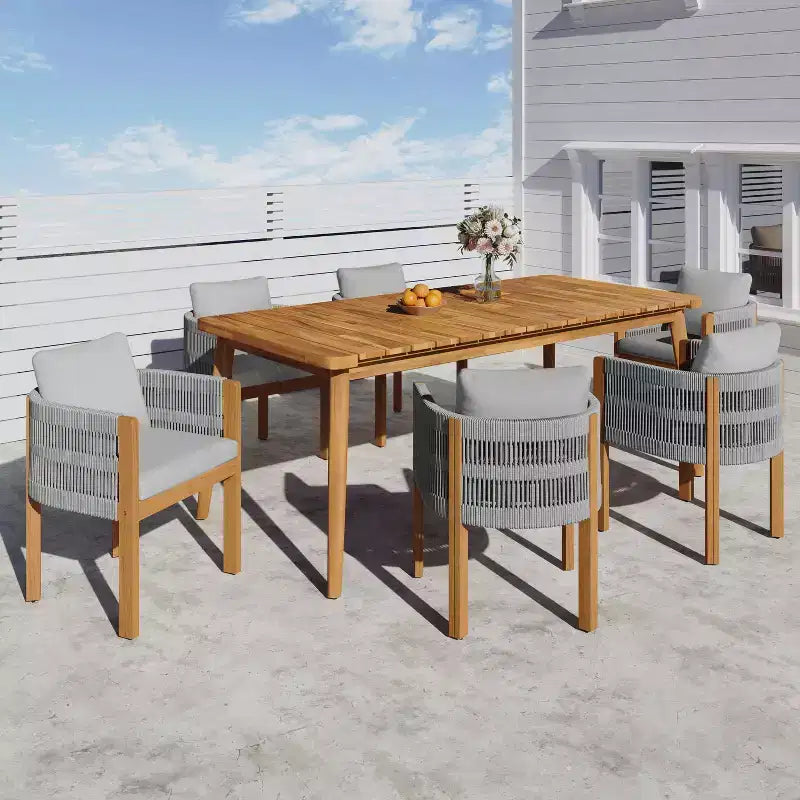 Christopher Knight Home Corin Ensemble de salle à manger d'extérieur rustique 7 pièces en bois d'acacia, corde tressée, table à lattes et coussins
