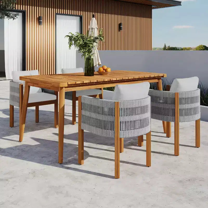 Christopher Knight Home Corin Elara, ensemble de salle à manger d'extérieur 5 pièces en bois d'acacia et corde tressée avec table à lattes et coussins