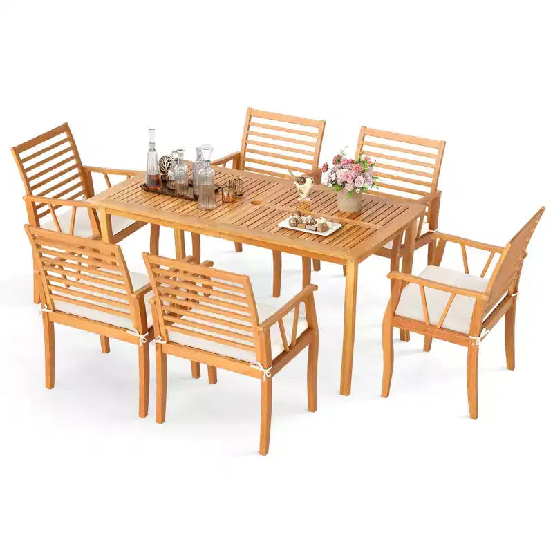 Ensemble de salle à manger de patio 7 pièces Costway avec table et chaises en bois d'acacia et trou de parasol de 1,97 po