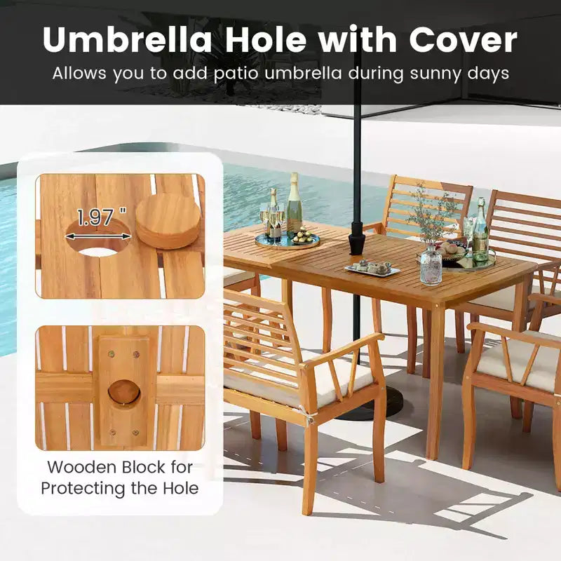Ensemble de salle à manger de patio 7 pièces Costway avec table et chaises en bois d'acacia et trou de parasol de 1,97 po