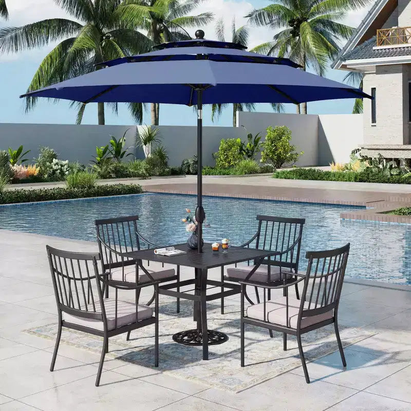 Captiva Designs Ensemble de patio 6 pièces avec table carrée, cadre en acier, chaises rembourrées élégantes et parasol de 3 m
