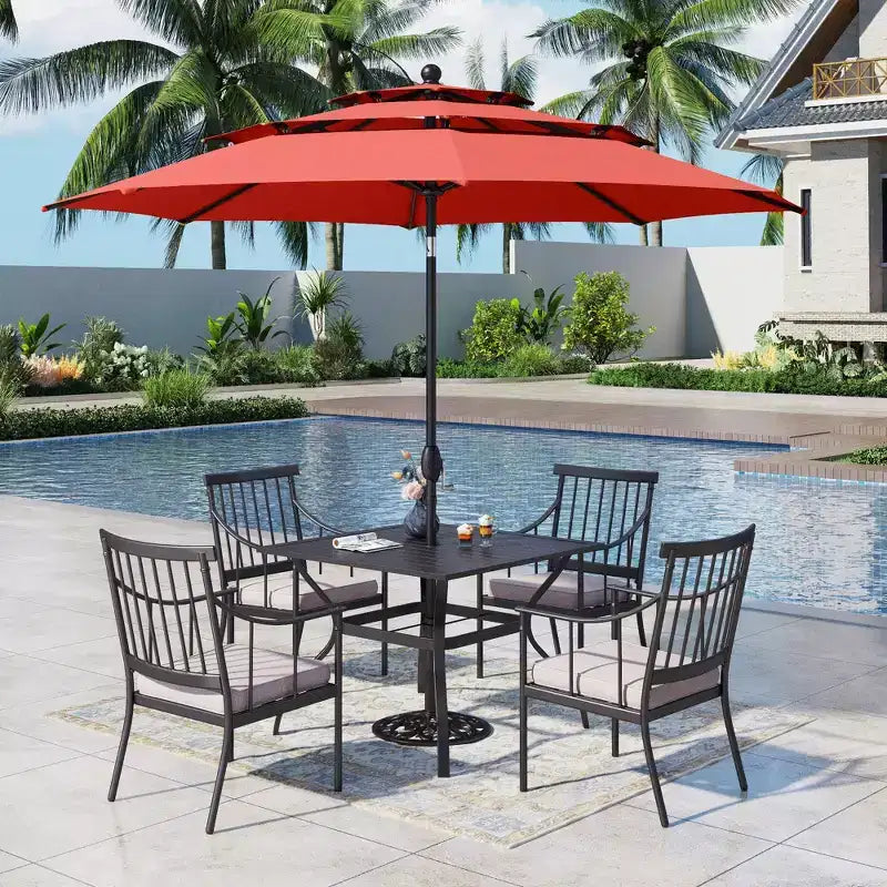 Captiva Designs Ensemble de patio 6 pièces avec table carrée, cadre en acier, chaises rembourrées élégantes et parasol de 3 m