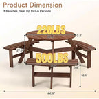 Zevemomo 6-Person Wood Picnic Table, Round Tabletop with Umbrella Hole, 3 Built-in Curved Benches, 1720LBS Total Capacity for Balcony, Garden, Brown