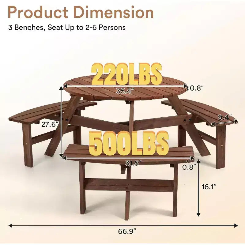 Zevemomo 6-Person Wood Picnic Table, Round Tabletop with Umbrella Hole, 3 Built-in Curved Benches, 1720LBS Total Capacity for Balcony, Garden, Brown