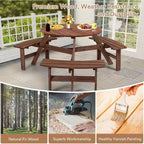 Zevemomo 6-Person Wood Picnic Table, Round Tabletop with Umbrella Hole, 3 Built-in Curved Benches, 1720LBS Total Capacity for Balcony, Garden, Brown