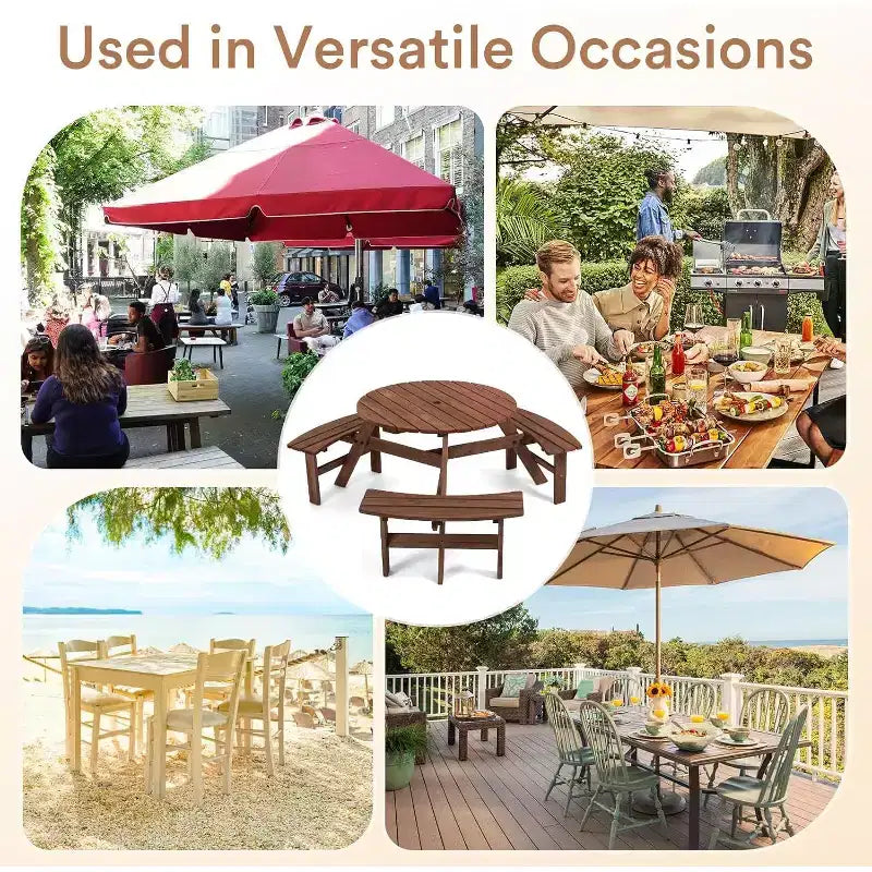 Zevemomo 6-Person Wood Picnic Table, Round Tabletop with Umbrella Hole, 3 Built-in Curved Benches, 1720LBS Total Capacity for Balcony, Garden, Brown