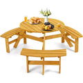 Zevemomo 6 Person Wood Picnic Table,Round Tabletop with Umbrella Hole,3 Built-in Curved Benches,1720LBS Total Capacity for Garden, Light Wood Color