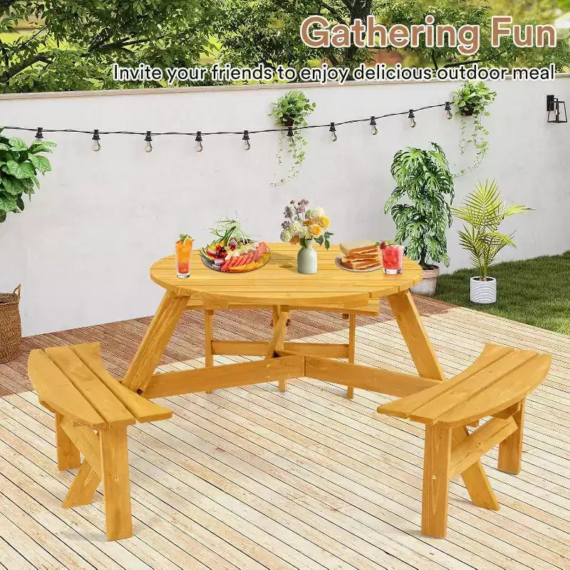 Table de pique-nique en bois 6 places Zevemomo, plateau rond avec trou pour parasol, 3 bancs incurvés intégrés, capacité totale de 780 kg pour le jardin, couleur bois clair