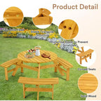 Table de pique-nique en bois 6 places Zevemomo, plateau rond avec trou pour parasol, 3 bancs incurvés intégrés, capacité totale de 780 kg pour le jardin, couleur bois clair