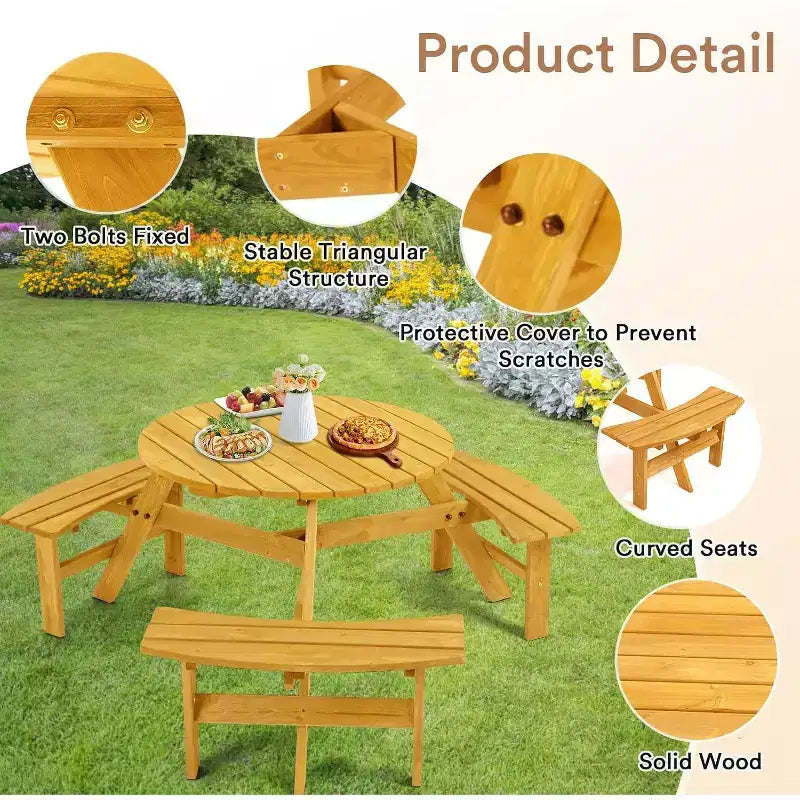 Table de pique-nique en bois 6 places Zevemomo, plateau rond avec trou pour parasol, 3 bancs incurvés intégrés, capacité totale de 780 kg pour le jardin, couleur bois clair