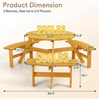 Table de pique-nique en bois 6 places Zevemomo, plateau rond avec trou pour parasol, 3 bancs incurvés intégrés, capacité totale de 780 kg pour le jardin, couleur bois clair