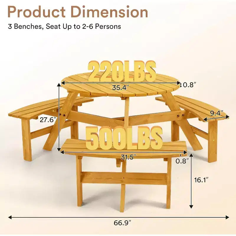 Table de pique-nique en bois 6 places Zevemomo, plateau rond avec trou pour parasol, 3 bancs incurvés intégrés, capacité totale de 780 kg pour le jardin, couleur bois clair