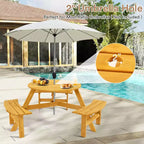 Table de pique-nique en bois 6 places Zevemomo, plateau rond avec trou pour parasol, 3 bancs incurvés intégrés, capacité totale de 780 kg pour le jardin, couleur bois clair