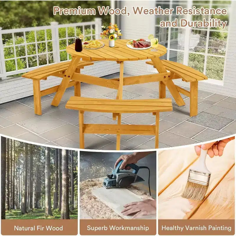 Table de pique-nique en bois 6 places Zevemomo, plateau rond avec trou pour parasol, 3 bancs incurvés intégrés, capacité totale de 780 kg pour le jardin, couleur bois clair