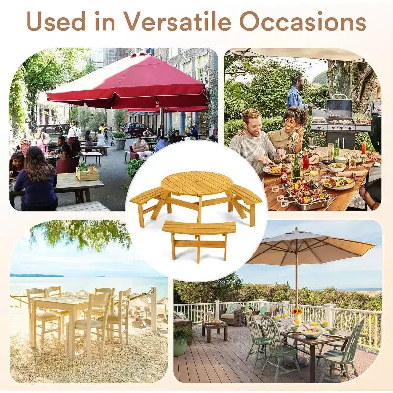 Table de pique-nique en bois 6 places Zevemomo, plateau rond avec trou pour parasol, 3 bancs incurvés intégrés, capacité totale de 780 kg pour le jardin, couleur bois clair