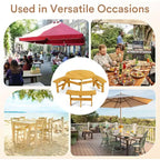 Table de pique-nique en bois 6 places Zevemomo, plateau rond avec trou pour parasol, 3 bancs incurvés intégrés, capacité totale de 780 kg pour le jardin, couleur bois clair