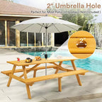 Zevemomo 8 Person Wood Picnic Table, Rectangle Tabletop with Umbrella Hole, 2 Built-in Long Benches, 2220LBS Total Capacity for Backyard, Light Wood