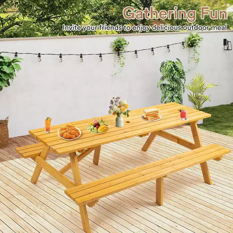 Zevemomo 8 Person Wood Picnic Table, Rectangle Tabletop with Umbrella Hole, 2 Built-in Long Benches, 2220LBS Total Capacity for Backyard, Light Wood