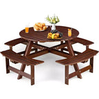 Zevemomo 8 Person Wood Picnic Table,Round Tabletop with Umbrella Hole,4 Built-in Curved Benches,2220LBS Total Capacity for Patios,Backyard,Dark Brown