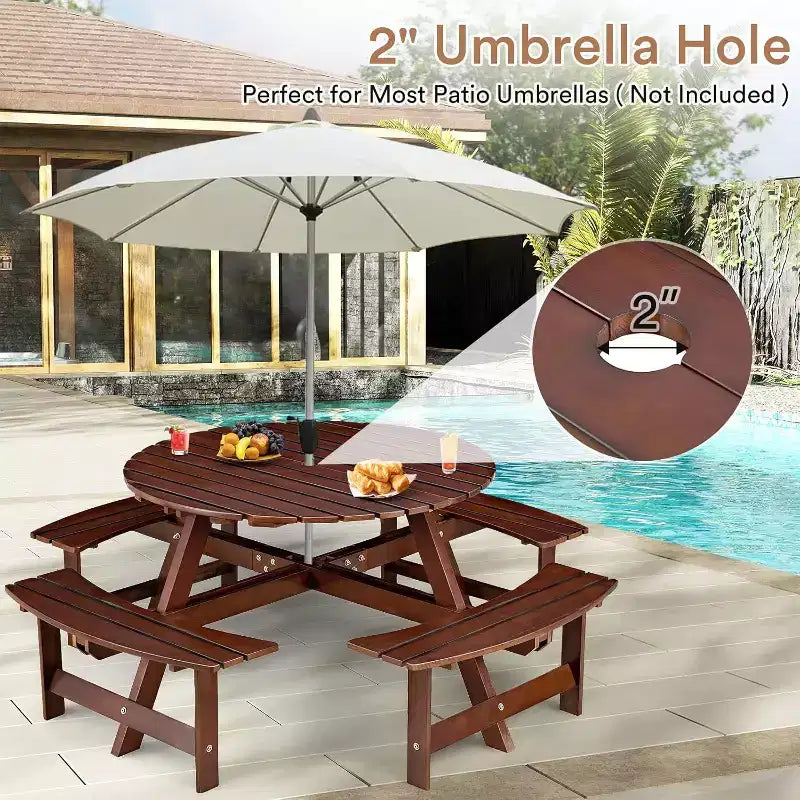 Zevemomo Table de pique-nique ronde en bois 8 personnes avec trou pour parasol, 4 bancs incurvés intégrés, capacité totale de 1000 kg pour patios, jardin, marron foncé