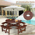 Zevemomo Table de pique-nique ronde en bois 8 personnes avec trou pour parasol, 4 bancs incurvés intégrés, capacité totale de 1000 kg pour patios, jardin, marron foncé