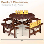 Zevemomo Table de pique-nique ronde en bois 8 personnes avec trou pour parasol, 4 bancs incurvés intégrés, capacité totale de 1000 kg pour patios, jardin, marron foncé