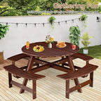 Zevemomo Table de pique-nique ronde en bois 8 personnes avec trou pour parasol, 4 bancs incurvés intégrés, capacité totale de 1000 kg pour patios, jardin, marron foncé