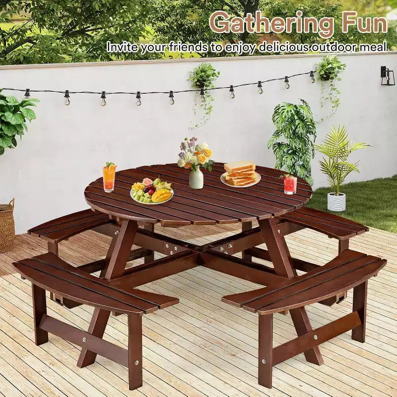 Zevemomo Table de pique-nique ronde en bois 8 personnes avec trou pour parasol, 4 bancs incurvés intégrés, capacité totale de 1000 kg pour patios, jardin, marron foncé