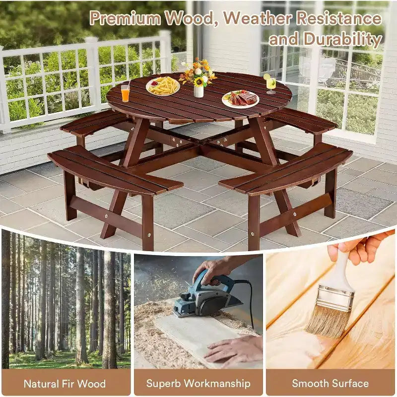Zevemomo Table de pique-nique ronde en bois 8 personnes avec trou pour parasol, 4 bancs incurvés intégrés, capacité totale de 1000 kg pour patios, jardin, marron foncé