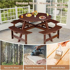 Zevemomo Table de pique-nique ronde en bois 8 personnes avec trou pour parasol, 4 bancs incurvés intégrés, capacité totale de 1000 kg pour patios, jardin, marron foncé