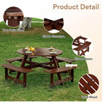 Zevemomo Table de pique-nique ronde en bois 8 personnes avec trou pour parasol, 4 bancs incurvés intégrés, capacité totale de 1000 kg pour patios, jardin, marron foncé