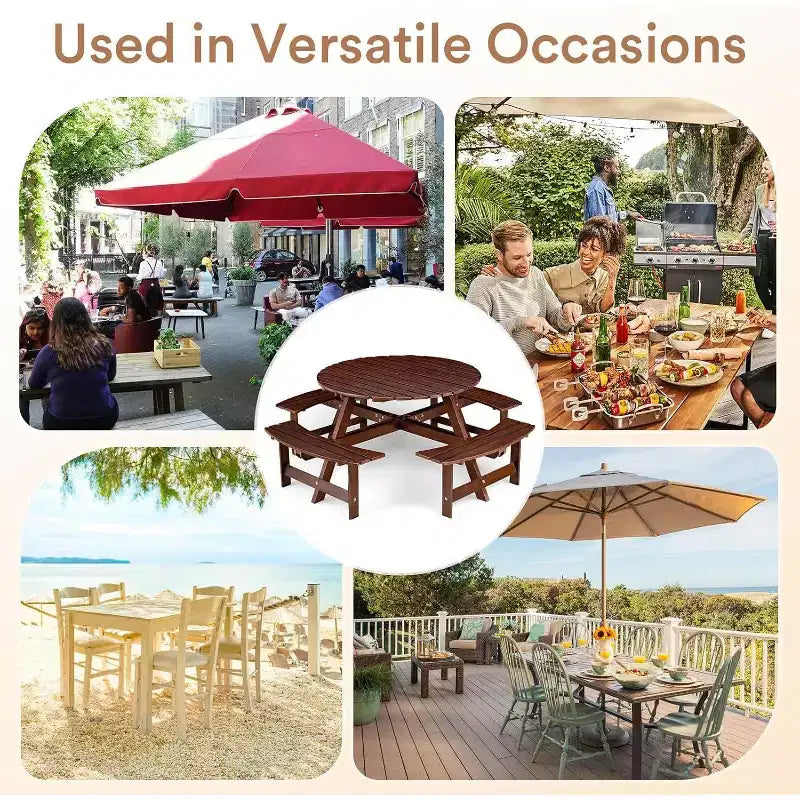 Zevemomo Table de pique-nique ronde en bois 8 personnes avec trou pour parasol, 4 bancs incurvés intégrés, capacité totale de 1000 kg pour patios, jardin, marron foncé