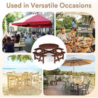 Zevemomo Table de pique-nique ronde en bois 8 personnes avec trou pour parasol, 4 bancs incurvés intégrés, capacité totale de 1000 kg pour patios, jardin, marron foncé