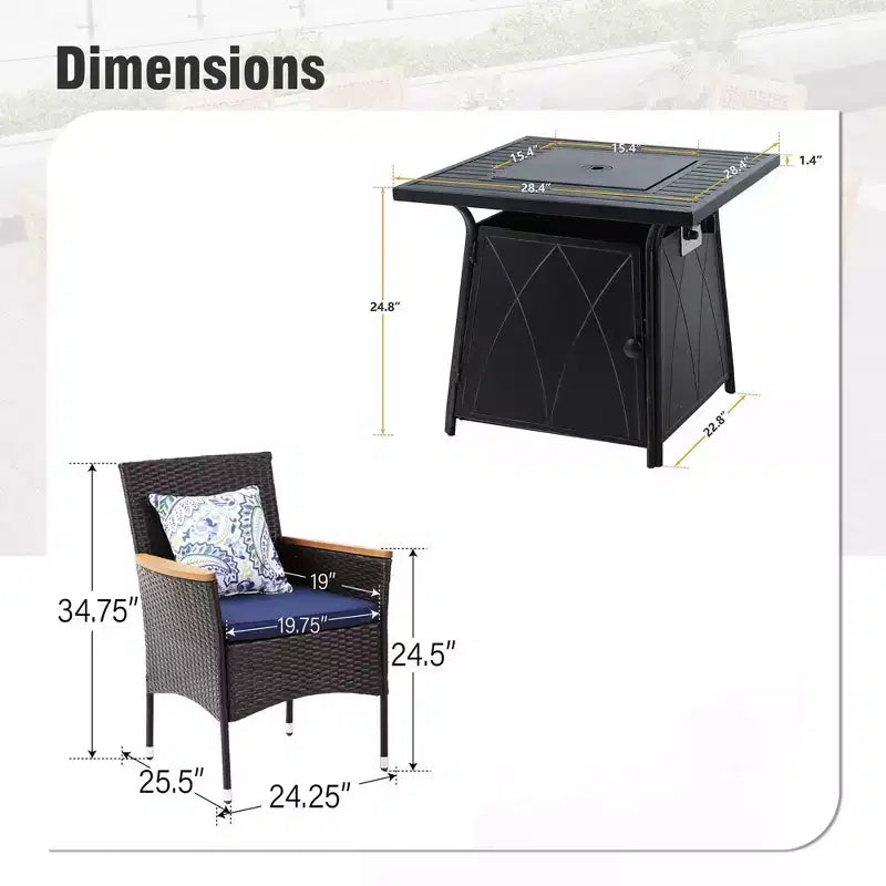 Captiva Designs Table de salle à manger carrée 5 pièces avec brasero et chaises en métal avec accoudoirs