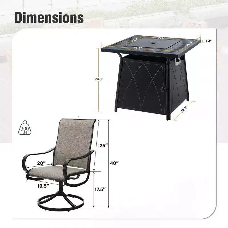 Captiva Designs Table de salle à manger carrée 5 pièces avec brasero et chaises en métal avec accoudoirs