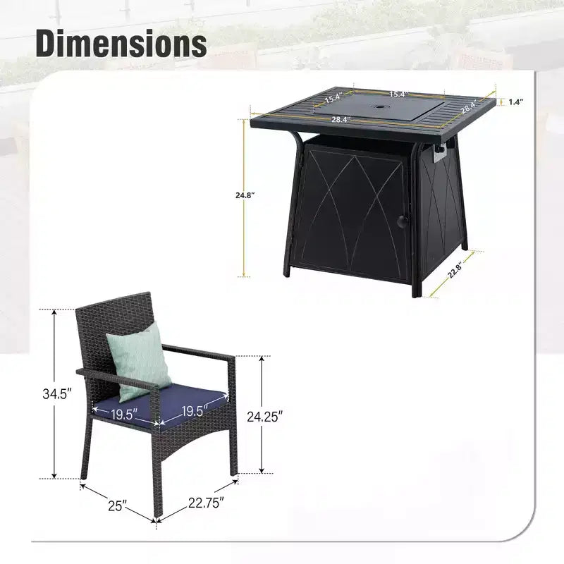 Captiva Designs Table de salle à manger carrée 5 pièces avec brasero et chaises en métal avec accoudoirs