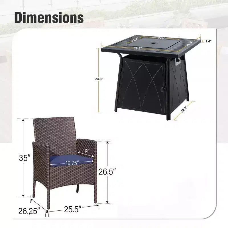 Captiva Designs Table de salle à manger carrée 5 pièces avec brasero et chaises en métal avec accoudoirs