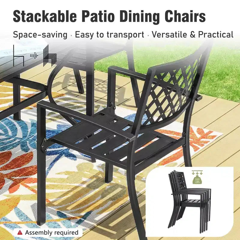 Ensemble de salle à manger 7 pièces Captiva Designs avec table en acier à lattes et trou de parasol et chaises élégantes en métal à dossier.