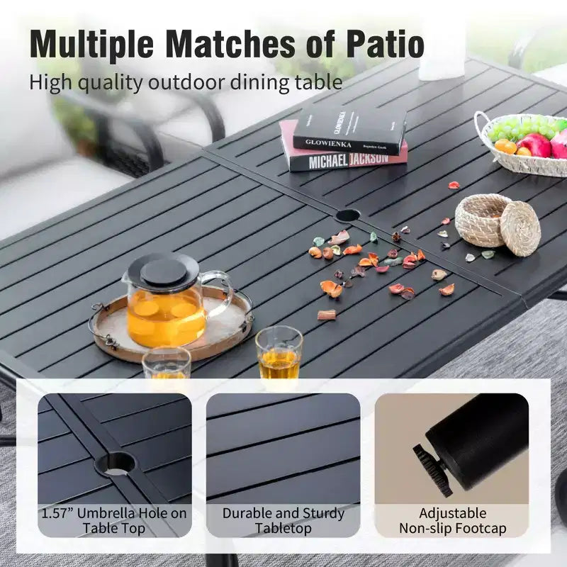 Captiva Designs – Ensemble de salle à manger 7 pièces pour patio avec table à plateau à lattes en acier et chaises en métal avec coussins d'assise et oreillers lombaires