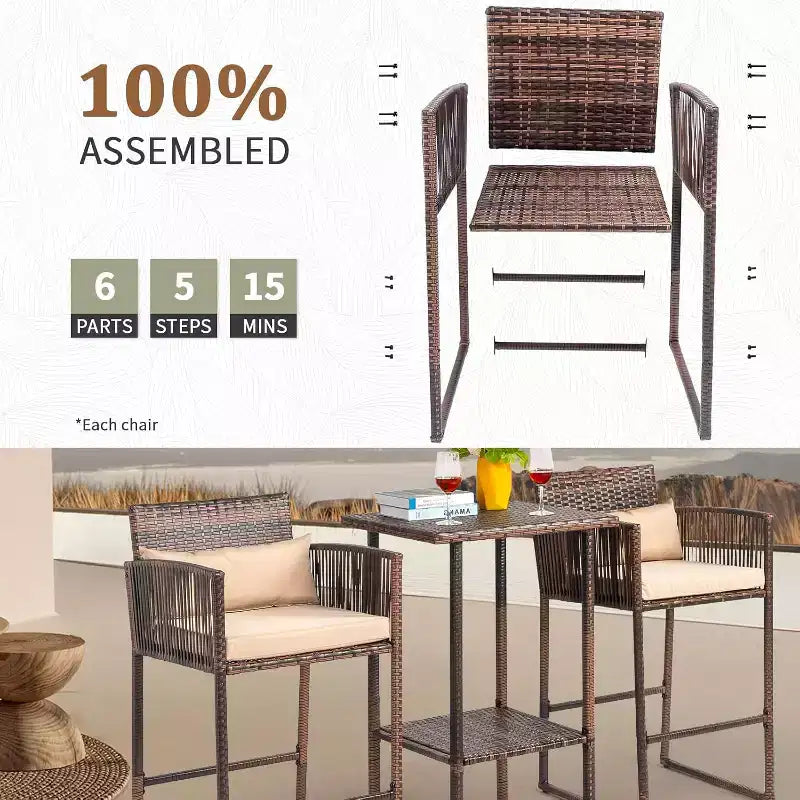 VINGLI Ensemble de bar de terrasse 3 pièces en osier, table de bar et tabourets de bar d'extérieur avec étagère de rangement et coussins, table et chaises d'extérieur hauteur bar